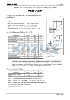 2SK2962 datasheet - Silicon N Channel MOS Type Chopper Regulator, DC−DC Converter and Motor Drive Applications