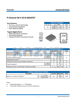 AO4803A datasheet - P-Channel 30-V (D-S) MOSFET Automotive Systems