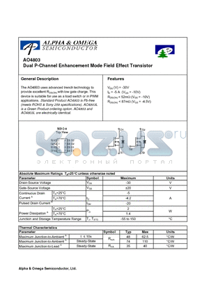 AO4803L datasheet - Dual P-Channel Enhancement Mode Field Effect Transistor