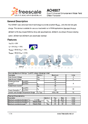 AO4807 datasheet - Dual P-Channel Enhancement Mode Field Effect Transistor