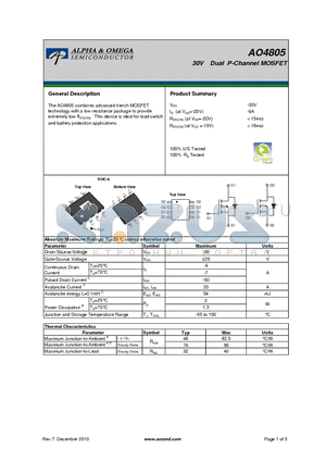 AO4805 datasheet - 30V Dual P-Channel MOSFET
