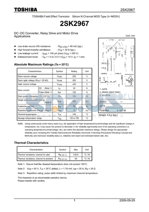 2SK2967 datasheet - DC−DC Converter, Relay Drive and Motor Drive Applications