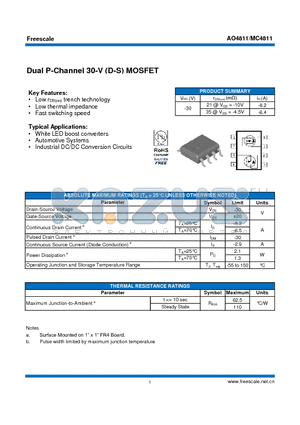 AO4811 datasheet - Dual P-Channel 30-V (D-S) MOSFET Fast switching speed