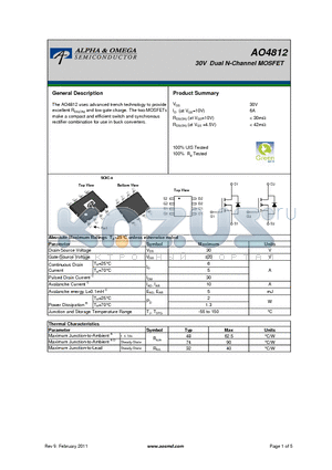 AO4812 datasheet - 30V Dual N-Channel MOSFET