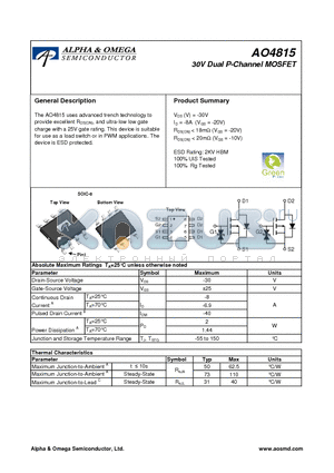 AO4815 datasheet - 30V Dual P-Channel MOSFET