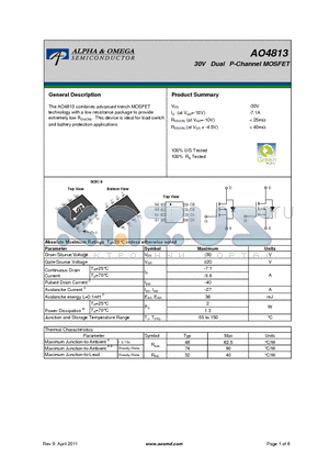 AO4813 datasheet - 30V Dual P-Channel MOSFET