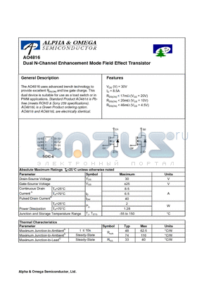 AO4816 datasheet - Dual N-Channel Enhancement Mode Field Effect Transistor