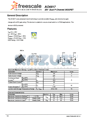 AO4817 datasheet - 25V Dual P-Channel MOSFET