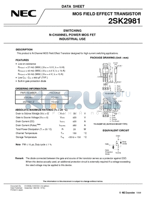2SK2981 datasheet - SWITCHING N-CHANNEL POWER MOS FET INDUSTRIAL USE