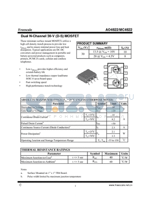 AO4822 datasheet - Dual N-Channel 30-V (D-S) MOSFET High performance trench technology