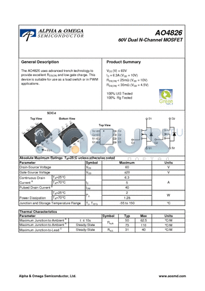 AO4826 datasheet - 60V Dual N-Channel MOSFET
