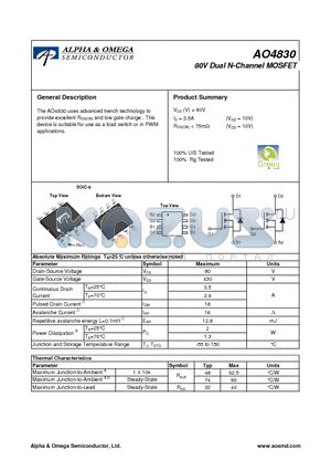 AO4830 datasheet - 80V Dual N-Channel MOSFET