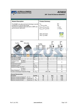 AO4832 datasheet - 30V Dual N-Channel MOSFET