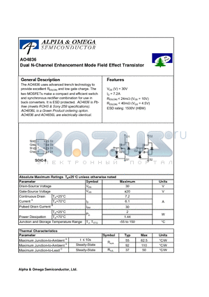 AO4836 datasheet - Dual N-Channel Enhancement Mode Field Effect Transistor