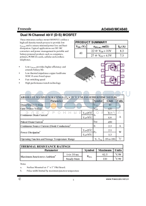 AO4840 datasheet - Dual N-Channel 40-V (D-S) MOSFET High performance trench technology
