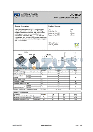 AO4892 datasheet - 100V Dual N-Channel MOSFET