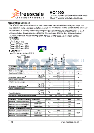 AO4900 datasheet - Dual N-Channel Enhancement Mode Field Effect Transistor with Schottky Diode