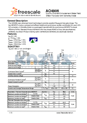 AO4906 datasheet - Dual N-Channel Enhancement Mode Field Effect Transistor with Schottky Diode