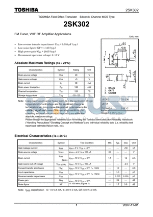 2SK302 datasheet - Silicon N Channel MOS Type FM Tuner, VHF RF Amplifier Applications