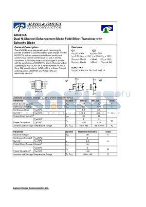 AO4914AL datasheet - Dual N-Channel Enhancement Mode Field Effect Transistor with Schottky Diode