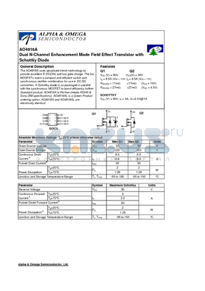 AO4916A datasheet - Dual N-Channel Enhancement Mode Field Effect Transistor with Schottky Diode