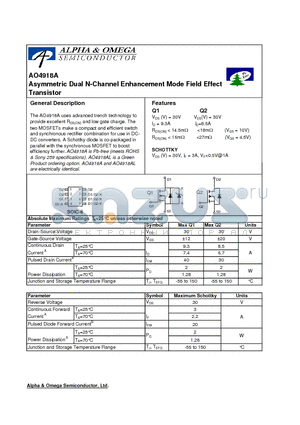 AO4918AL datasheet - Asymmetric Dual N-Channel Enhancement Mode Field Effect Transistor