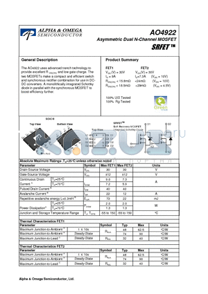 AO4922 datasheet - Asymmetric Dual N-Channel MOSFET
