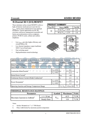 AO4924 datasheet - N-Channel 30-V (D-S) MOSFET Fast switching speed