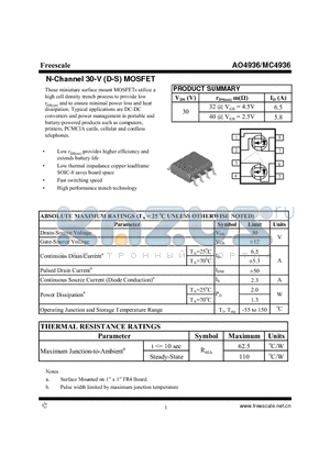 AO4936 datasheet - N-Channel 30-V (D-S) MOSFET High performance trench technology