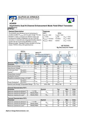 AO4930 datasheet - Asymmetric Dual N-Channel Enhancement Mode Field Effect Transistor