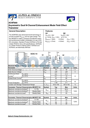 AO4F800 datasheet - Asymmetric Dual N-Channel Enhancement Mode Field Effect Transistor