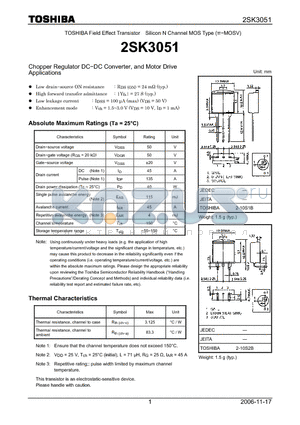 2SK3051 datasheet - Silicon N Channel MOS Type Chopper Regulator DC−DC Converter, and Motor Drive Applications