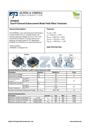 AO5803E datasheet - Dual P-Channel Enhancement Mode Field Effect Transistor