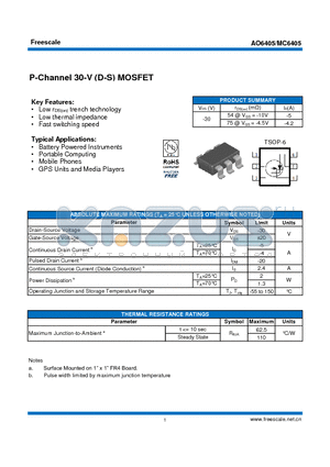 AO6405 datasheet - P-Channel 30-V (D-S) MOSFET Battery Powered Instruments