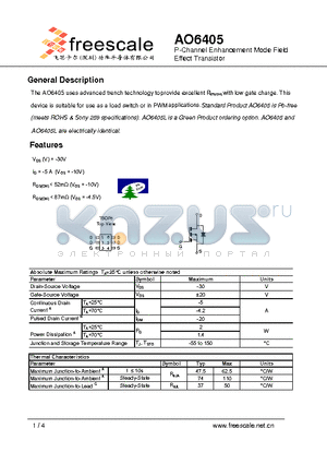 AO6405 datasheet - P-Channel Enhancement Mode Field Effect Transistor