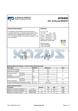 AO6408 datasheet - 20V N-Channel MOSFET