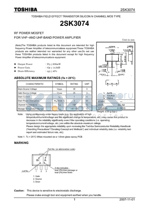 2SK3074_07 datasheet - SILICON N CHANNEL MOS TYPE RF POWER MOSFET FOR VHF−AND UHF-BAND POWER AMPLIFIER