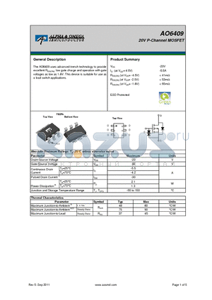 AO6409 datasheet - 20V P-Channel MOSFET