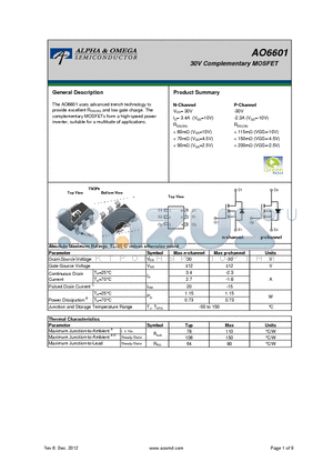 AO6601_12 datasheet - 30V Complementary MOSFET