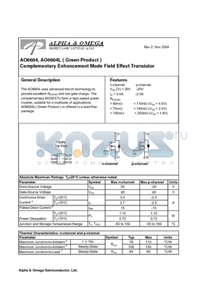AO6604 datasheet - Complementary Enhancement Mode Field Effect Transistor