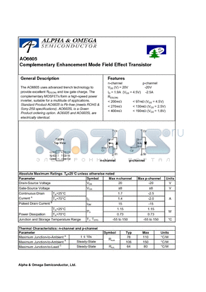 AO6605 datasheet - Complementary Enhancement Mode Field Effect Transistor