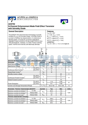 AO6702 datasheet - N-Channel Enhancement Mode Field Effect Transistor with Schottky Diode