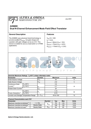 AO6800 datasheet - Dual N-Channel Enhancement Mode Field Effect Transistor