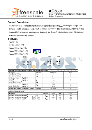 AO6801 datasheet - Dual P-Channel Enhancement Mode Field Effect Transistor