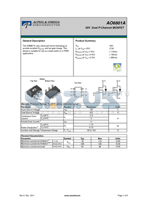 AO6801A datasheet - 30V Dual P-Channel MOSFET