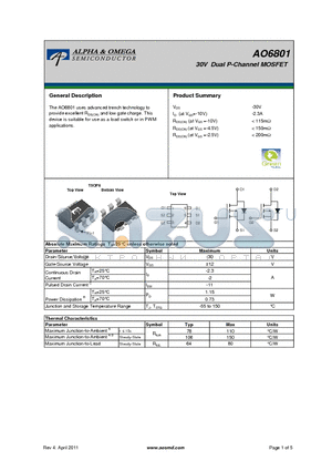 AO6801_11 datasheet - 30V Dual P-Channel MOSFET