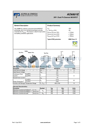 AO6801E datasheet - 30V Dual P-Channel MOSFET