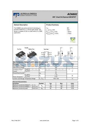 AO6802 datasheet - 30V Dual N-Channel MOSFET