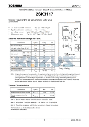2SK3117 datasheet - Silicon N Channel MOS Type Chopper Regulator DC−DC Converter and Motor Drive Applications