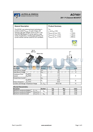 AO7401_11 datasheet - 30V P-Channel MOSFET